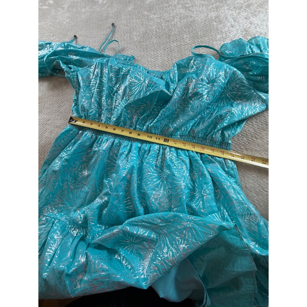Michael Kors Turquoise Metallic Silver Palm Cold Shoulder Smocked Dress 2X - Picture 9 of 10